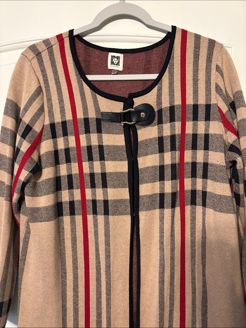 Anne Klein Beige Plaid Sweater with Black & Red Stripes Tan Black Red Plaid - Picture 2 of 5